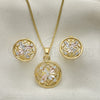 Oro Laminado Earring and Pendant Adult Set, Gold Filled Style Flower Design, with White Crystal, Polished, Tricolor, 10.361.0010