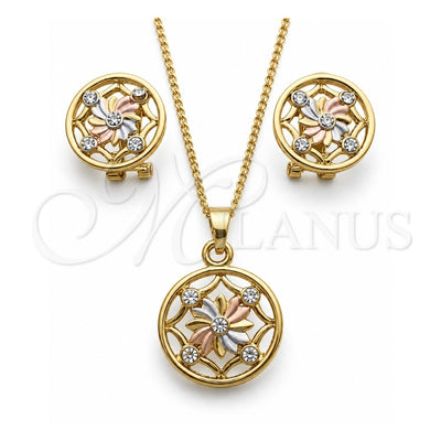 Oro Laminado Earring and Pendant Adult Set, Gold Filled Style Flower Design, with White Crystal, Polished, Tricolor, 10.361.0010