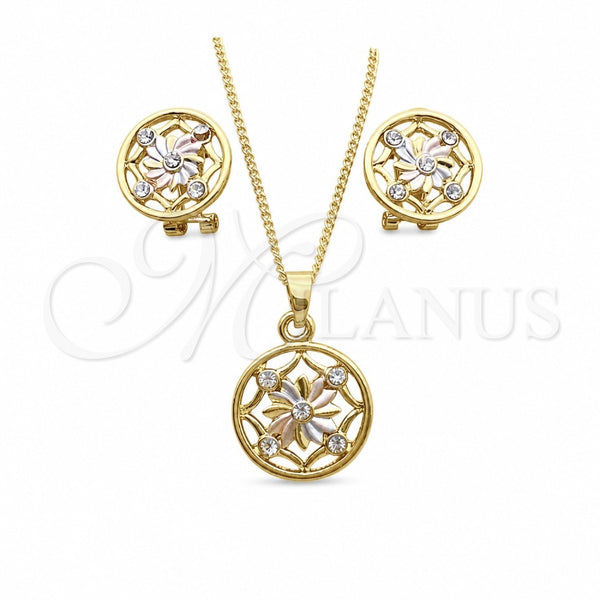 Oro Laminado Earring and Pendant Adult Set, Gold Filled Style Flower Design, with White Crystal, Polished, Tricolor, 10.361.0010