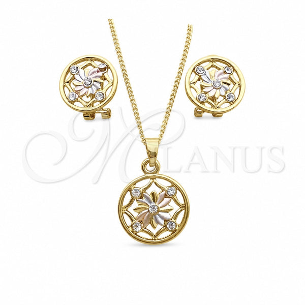 Oro Laminado Earring and Pendant Adult Set, Gold Filled Style Flower Design, with White Crystal, Polished, Tricolor, 10.361.0010