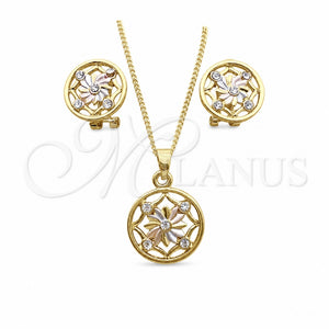 Oro Laminado Earring and Pendant Adult Set, Gold Filled Style Flower Design, with White Crystal, Polished, Tricolor, 10.361.0010