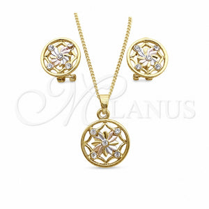 Oro Laminado Earring and Pendant Adult Set, Gold Filled Style Flower Design, with White Crystal, Polished, Tricolor, 10.361.0010