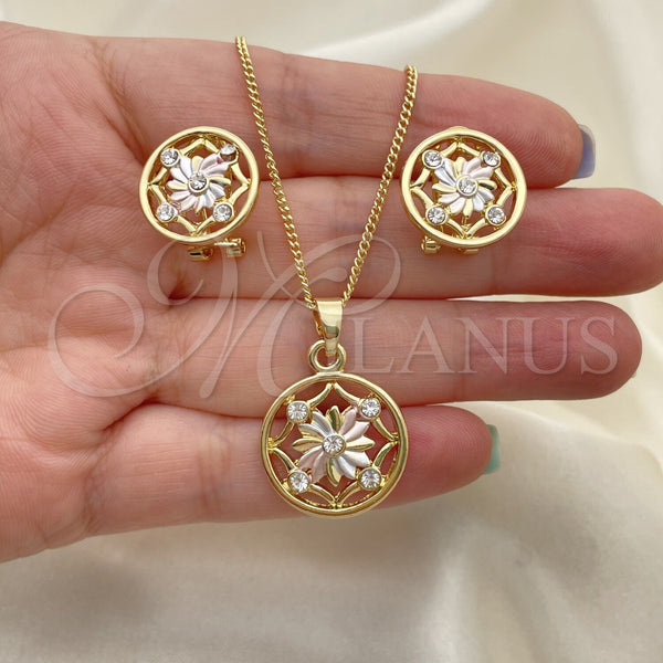 Oro Laminado Earring and Pendant Adult Set, Gold Filled Style Flower Design, with White Crystal, Polished, Tricolor, 10.361.0010