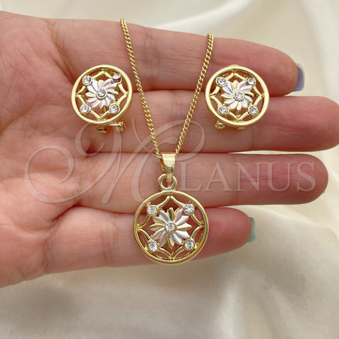 Oro Laminado Earring and Pendant Adult Set, Gold Filled Style Flower Design, with White Crystal, Polished, Tricolor, 10.361.0010