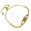 Oro Laminado Adjustable Bolo Bracelet, Gold Filled Style Angel and Baguette Design, with Multicolor Cubic Zirconia and Multicolor Micro Pave, Polished, Golden Finish, 03.362.0010.11 (01 MM Thickness, 11 Inches Length)