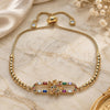 Oro Laminado Adjustable Bolo Bracelet, Gold Filled Style Angel and Baguette Design, with Multicolor Cubic Zirconia and Multicolor Micro Pave, Polished, Golden Finish, 03.362.0010.11 (01 MM Thickness, 11 Inches Length)