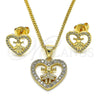 Oro Laminado Earring and Pendant Adult Set, Gold Filled Style Heart and Little Girl Design, with White Micro Pave, Polished, Golden Finish, 10.156.0218