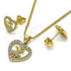 Oro Laminado Earring and Pendant Adult Set, Gold Filled Style Heart and Little Girl Design, with White Micro Pave, Polished, Golden Finish, 10.156.0218