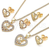 Oro Laminado Earring and Pendant Adult Set, Gold Filled Style Heart and Little Girl Design, with White Micro Pave, Polished, Golden Finish, 10.156.0218