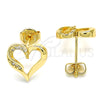 Oro Laminado Stud Earring, Gold Filled Style Heart Design, with White Micro Pave, Polished, Golden Finish, 02.156.0326