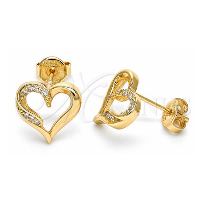 Oro Laminado Stud Earring, Gold Filled Style Heart Design, with White Micro Pave, Polished, Golden Finish, 02.156.0326