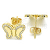 Oro Laminado Stud Earring, Gold Filled Style Butterfly Design, with White Micro Pave, Polished, Golden Finish, 02.156.0328