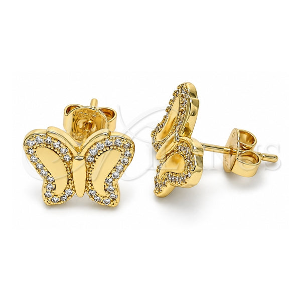 Oro Laminado Stud Earring, Gold Filled Style Butterfly Design, with White Micro Pave, Polished, Golden Finish, 02.156.0328