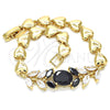 Oro Laminado Fancy Bracelet, Gold Filled Style Leaf and Heart Design, with Black and White Cubic Zirconia, Polished, Golden Finish, 03.210.0114.07 (07 MM Thickness, 7 Inches Length)
