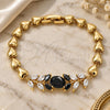 Oro Laminado Fancy Bracelet, Gold Filled Style Leaf and Heart Design, with Black and White Cubic Zirconia, Polished, Golden Finish, 03.210.0114.07 (07 MM Thickness, 7 Inches Length)
