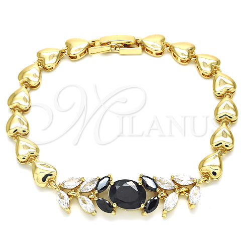 Oro Laminado Fancy Bracelet, Gold Filled Style Leaf and Heart Design, with Black and White Cubic Zirconia, Polished, Golden Finish, 03.210.0114.07 (07 MM Thickness, 7 Inches Length)