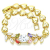 Oro Laminado Fancy Bracelet, Gold Filled Style Leaf and Heart Design, with Multicolor Cubic Zirconia, Polished, Golden Finish, 03.210.0114.1.07 (07 MM Thickness, 7 Inches Length)