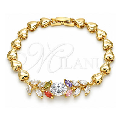 Oro Laminado Fancy Bracelet, Gold Filled Style Leaf and Heart Design, with Multicolor Cubic Zirconia, Polished, Golden Finish, 03.210.0114.1.07 (07 MM Thickness, 7 Inches Length)