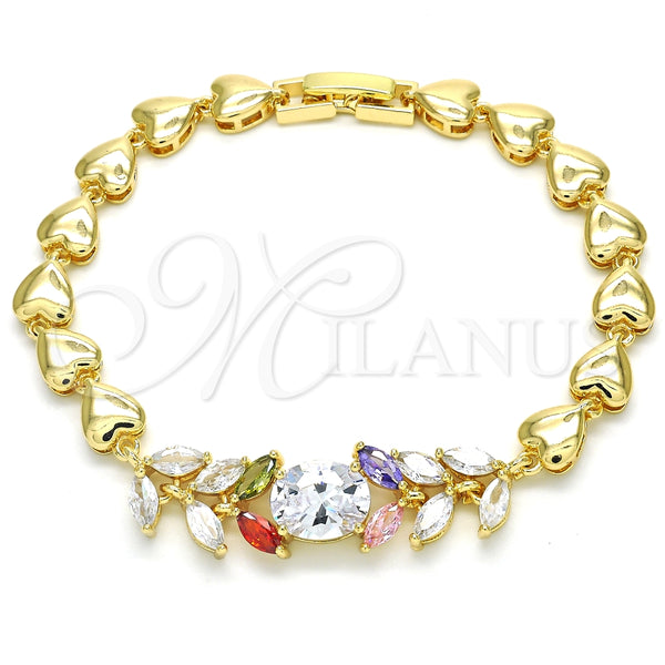Oro Laminado Fancy Bracelet, Gold Filled Style Leaf and Heart Design, with Multicolor Cubic Zirconia, Polished, Golden Finish, 03.210.0114.1.07 (07 MM Thickness, 7 Inches Length)