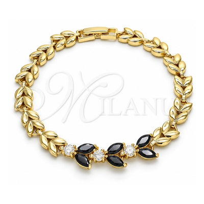 Oro Laminado Fancy Bracelet, Gold Filled Style Leaf Design, with Black and White Cubic Zirconia, Polished, Golden Finish, 03.210.0115.07 (07 MM Thickness, 7 Inches Length)