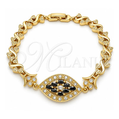 Oro Laminado Fancy Bracelet, Gold Filled Style Heart Design, with Black and White Cubic Zirconia, Polished, Golden Finish, 03.210.0117.08 (07 MM Thickness, 8 Inches Length)