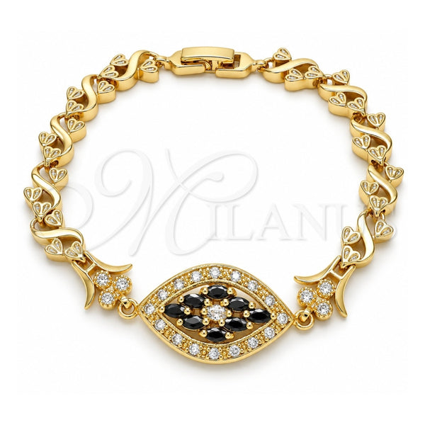 Oro Laminado Fancy Bracelet, Gold Filled Style Heart Design, with Black and White Cubic Zirconia, Polished, Golden Finish, 03.210.0117.08 (07 MM Thickness, 8 Inches Length)