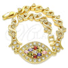 Oro Laminado Fancy Bracelet, Gold Filled Style Heart Design, with Multicolor Cubic Zirconia, Polished, Golden Finish, 03.210.0117.1.08 (07 MM Thickness, 8 Inches Length)