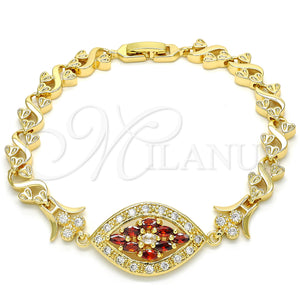 Gold Filled Bracelet — Fancy Bracelet Heart Design with Garnet and White — main product view — SKU 128552 | Oro Laminado brazalete — elegante Bracelet corazón diseño with Garnet and blanco — SKU 128552