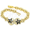 Oro Laminado Fancy Bracelet, Gold Filled Style Flower and Butterfly Design, with Black and White Cubic Zirconia, Polished, Golden Finish, 03.210.0118.08 (08 MM Thickness, 8 Inches Length)