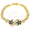 Oro Laminado Fancy Bracelet, Gold Filled Style Flower and Butterfly Design, with Black and White Cubic Zirconia, Polished, Golden Finish, 03.210.0118.08 (08 MM Thickness, 8 Inches Length)