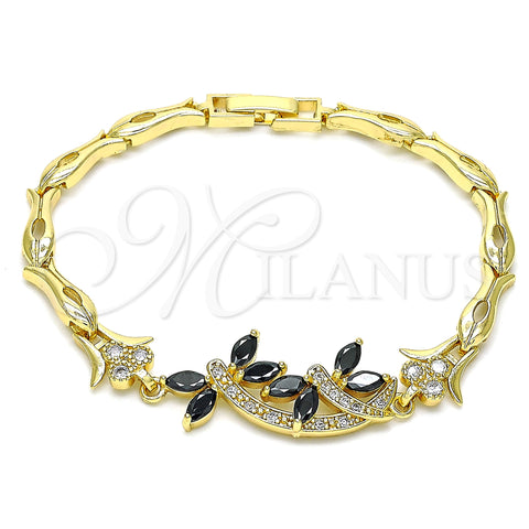 Oro Laminado Fancy Bracelet, Gold Filled Style Dragon-Fly and Fish Design, with Black Cubic Zirconia and White Micro Pave, Polished, Golden Finish, 03.210.0119.07 (05 MM Thickness, 7 Inches Length)
