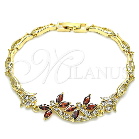 Oro Laminado Fancy Bracelet, Gold Filled Style Dragon-Fly and Fish Design, with Garnet Cubic Zirconia and White Micro Pave, Polished, Golden Finish, 03.210.0119.2.07 (05 MM Thickness, 7 Inches Length)