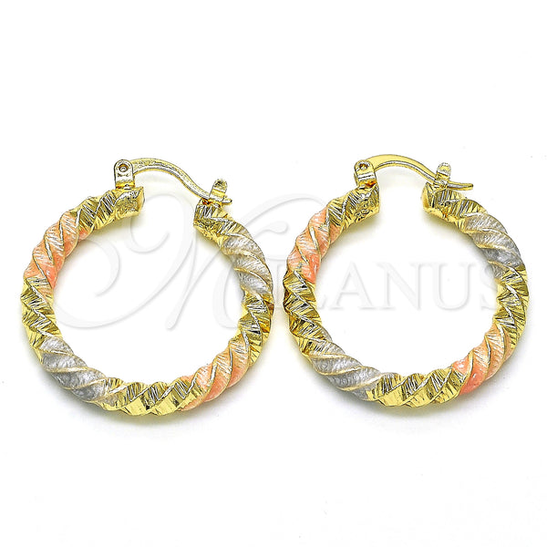 Gold Filled Hoop Earrings — Medium Hoop Twist Design Diamond Cutting Tricolor 02. — main product view — SKU 128567 | Oro Laminado aretes de aro — Medium Hoop Twist diseño Diamond Cutting Tricolor 02. — SKU 128567