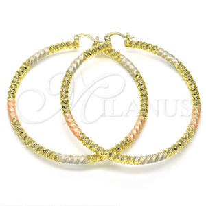 Gold Filled Hoop Earrings — Extra Large Hoop Twist Design Diamond Cutting Tricolor — main product view — SKU 128571 | Oro Laminado aretes de aro — Extra Large Hoop Twist diseño Diamond Cutting Tricolor — SKU 128571