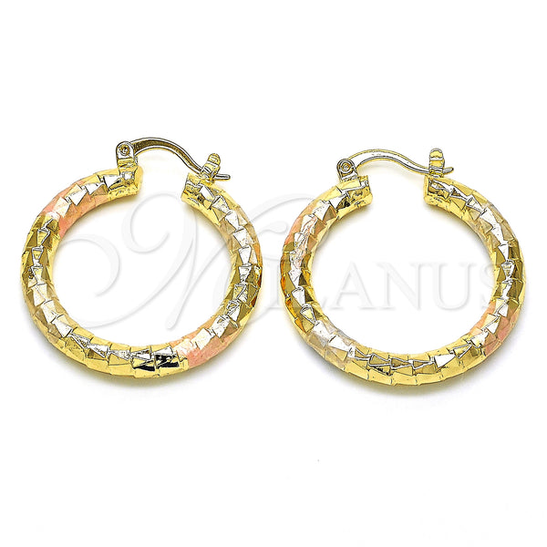 Gold Filled Hoop Earrings — Medium Hoop Diamond Cutting Tricolor 02. — main product view — SKU 128573 | Oro Laminado aretes de aro — Medium Hoop Diamond Cutting Tricolor 02. — SKU 128573