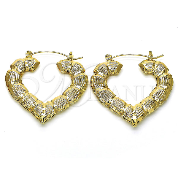 Gold Filled Hoop Earrings — Medium Hoop Heart and Bamboo Design Polished 02. — main product view — SKU 128594 | Oro Laminado aretes de aro — Medium Hoop corazón and Bamboo diseño pulido 02. — SKU 128594