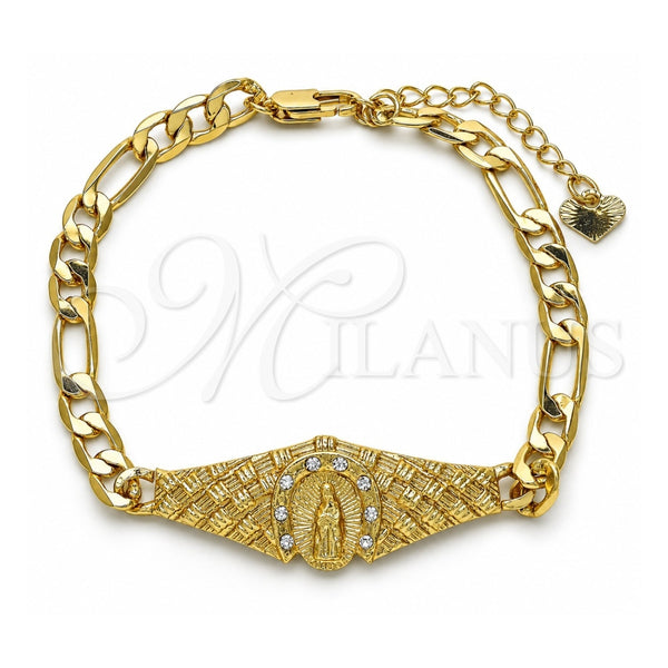 Oro Laminado Fancy Bracelet, Gold Filled Style Guadalupe Design, with White Crystal, Polished, Golden Finish, 03.351.0033.08 (06 MM Thickness, 8 Inches Length)