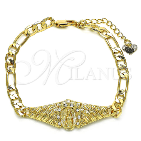Oro Laminado Fancy Bracelet, Gold Filled Style Guadalupe Design, with White Crystal, Polished, Golden Finish, 03.351.0033.08 (06 MM Thickness, 8 Inches Length)