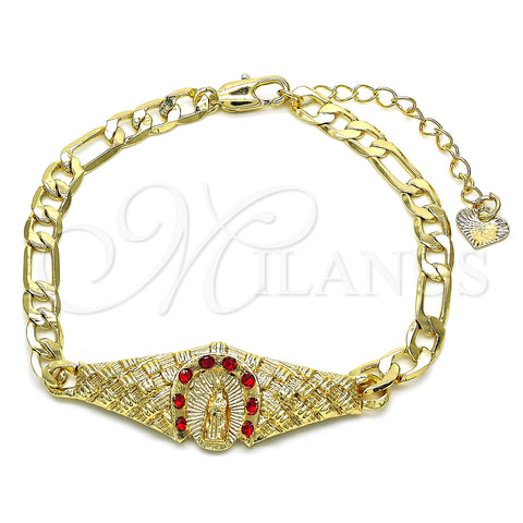 Oro Laminado Fancy Bracelet, Gold Filled Style Guadalupe Design, with Garnet Crystal, Polished, Golden Finish, 03.351.0033.1.08 (06 MM Thickness, 8 Inches Length)