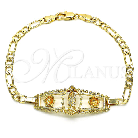 Oro Laminado Fancy Bracelet, Gold Filled Style Guadalupe and Flower Design, Polished, Golden Finish, 03.351.0037.08 (05 MM Thickness, 8 Inches Length)