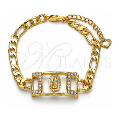 Oro Laminado Fancy Bracelet, Gold Filled Style Guadalupe Design, with White Crystal, Polished, Golden Finish, 03.351.0038.07 (06 MM Thickness, 7 Inches Length)