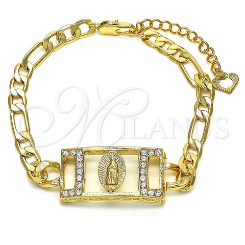 Oro Laminado Fancy Bracelet, Gold Filled Style Guadalupe Design, with White Crystal, Polished, Golden Finish, 03.351.0038.07 (06 MM Thickness, 7 Inches Length)