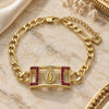Oro Laminado Fancy Bracelet, Gold Filled Style Guadalupe Design, with Garnet Crystal, Polished, Golden Finish, 03.351.0038.1.07 (06 MM Thickness, 7 Inches Length)