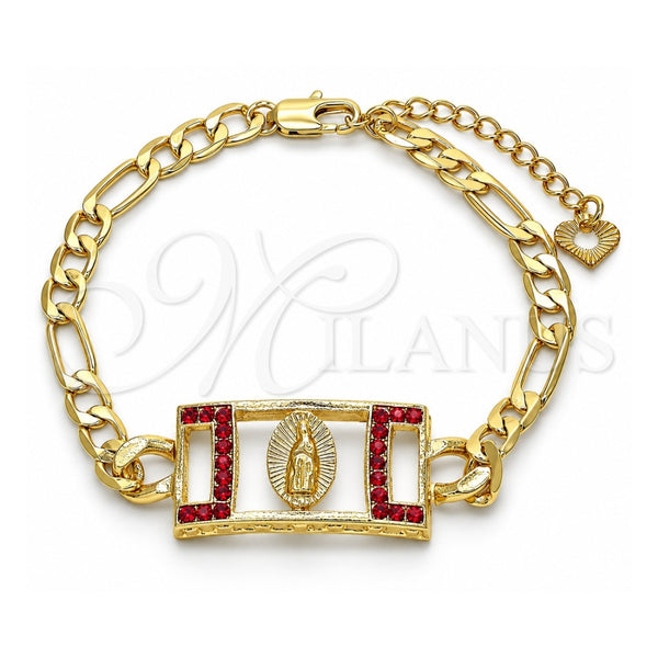 Oro Laminado Fancy Bracelet, Gold Filled Style Guadalupe Design, with Garnet Crystal, Polished, Golden Finish, 03.351.0038.1.07 (06 MM Thickness, 7 Inches Length)