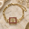 Oro Laminado Fancy Bracelet, Gold Filled Style Guadalupe Design, with Garnet Crystal, Polished, Golden Finish, 03.351.0040.07 (05 MM Thickness, 7 Inches Length)