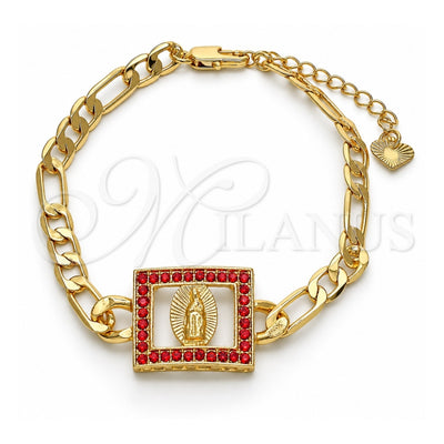 Oro Laminado Fancy Bracelet, Gold Filled Style Guadalupe Design, with Garnet Crystal, Polished, Golden Finish, 03.351.0040.07 (05 MM Thickness, 7 Inches Length)