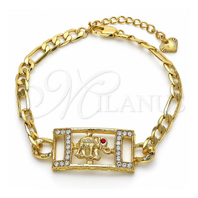 Oro Laminado Fancy Bracelet, Gold Filled Style Elephant Design, with White and Garnet Crystal, Polished, Golden Finish, 03.351.0041.07 (05 MM Thickness, 7 Inches Length)