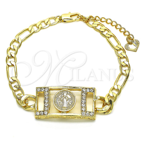 Oro Laminado Fancy Bracelet, Gold Filled Style San Benito Design, with White Crystal, Polished, Golden Finish, 03.351.0042.07 (06 MM Thickness, 7 Inches Length)