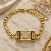 Oro Laminado Fancy Bracelet, Gold Filled Style San Benito Design, with Garnet Crystal, Polished, Golden Finish, 03.351.0042.1.07 (06 MM Thickness, 7 Inches Length)