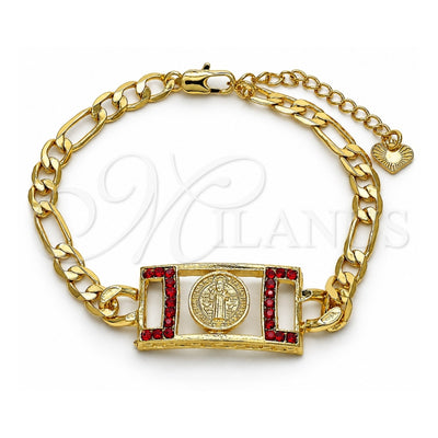 Oro Laminado Fancy Bracelet, Gold Filled Style San Benito Design, with Garnet Crystal, Polished, Golden Finish, 03.351.0042.1.07 (06 MM Thickness, 7 Inches Length)